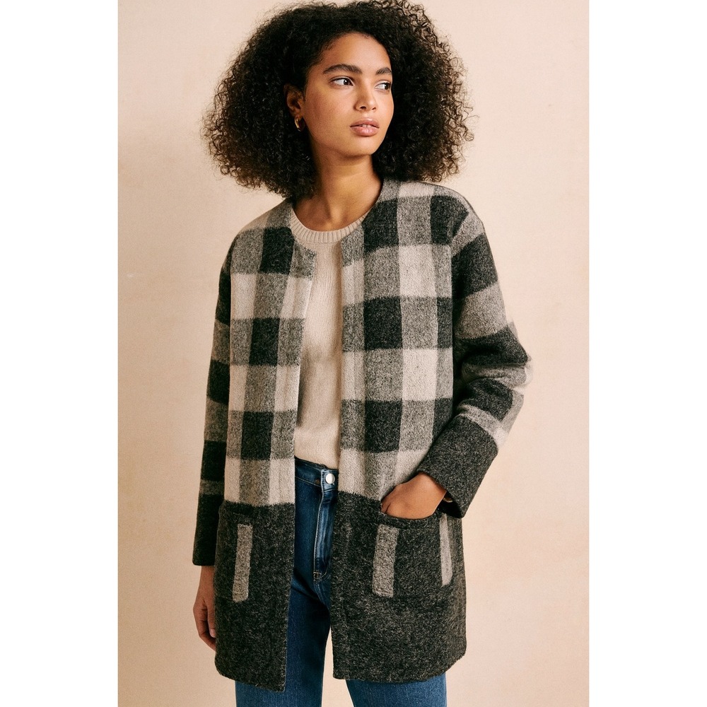 Yaira Cardigan Open Front Sweater Womens L Gray Buffalo Check‎ Long Pockets